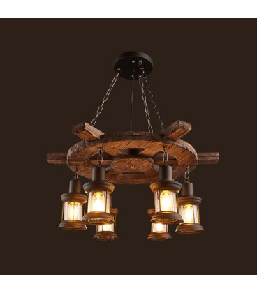 Потолочная лучтра светильник на деревянной основе «Колесо», 6 фонарей